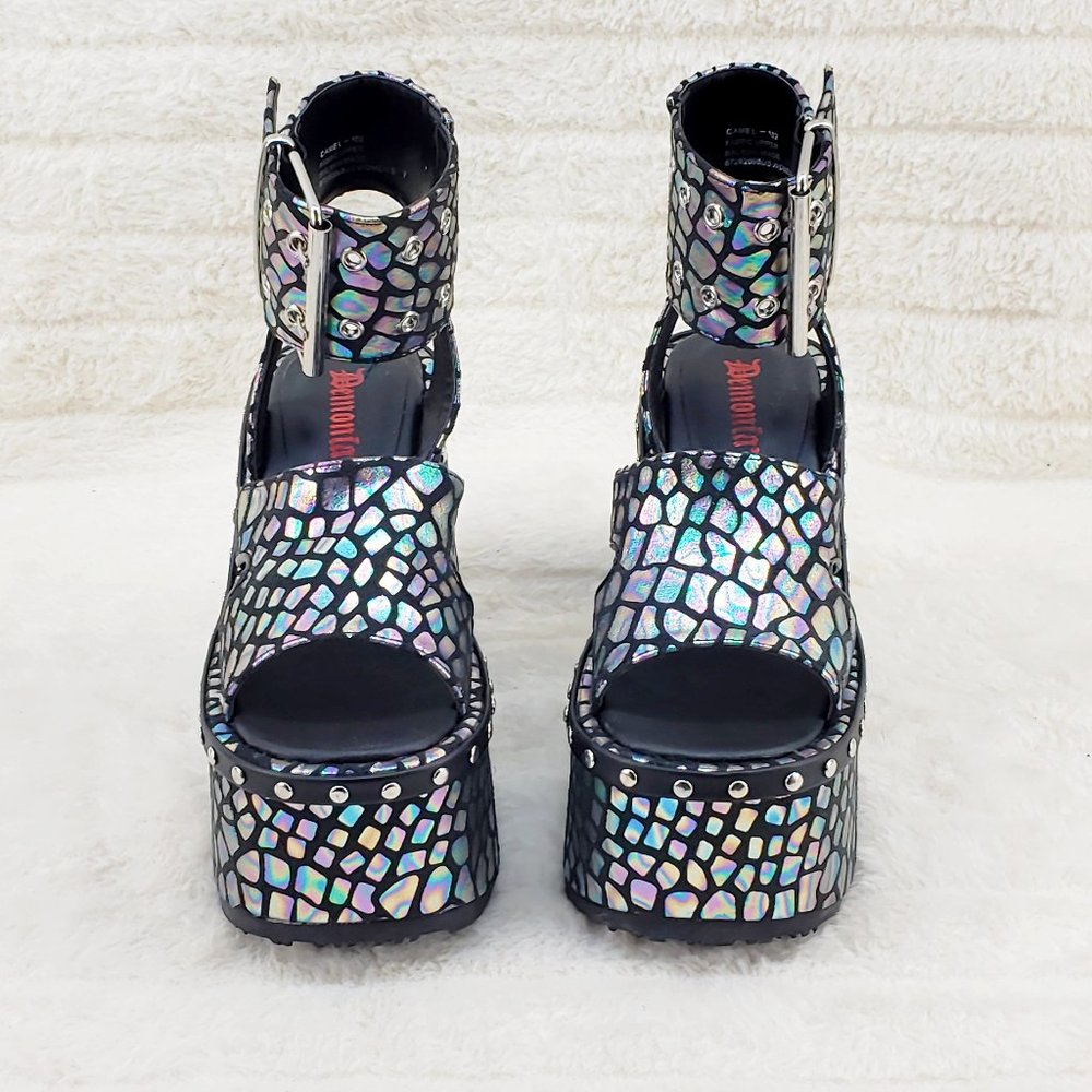 Posh Camel 102 Black Stone Print Hologram Platform Sandals Goth Punk - Picture 9 of 10